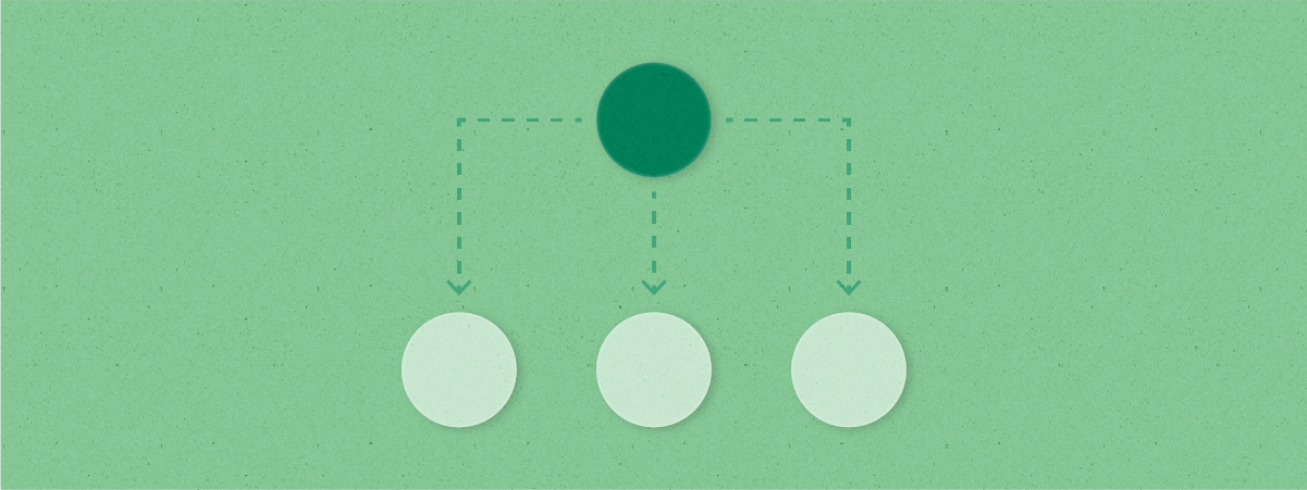 Tree diagram with top circle highlighted, with dotted lines and arrows pointing down to bottom circles