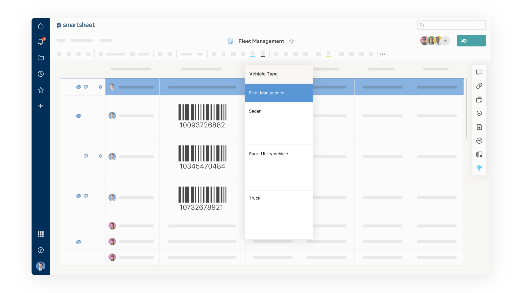 Smartsheet Field management sheet showing barcodes