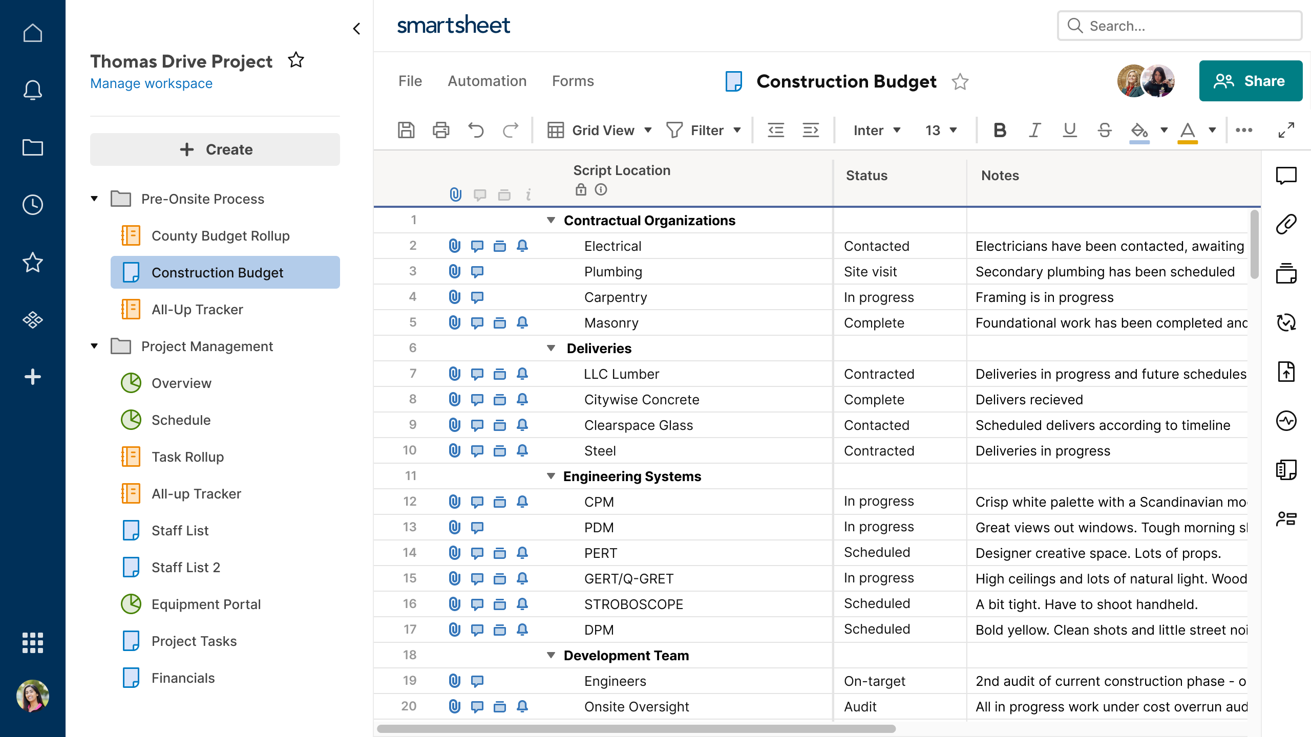 Smartsheet Workspace Panel