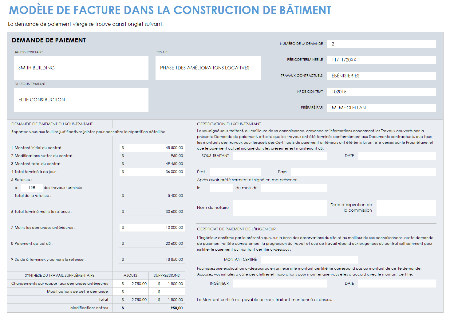 Exemple de facture de construction de bâtiment