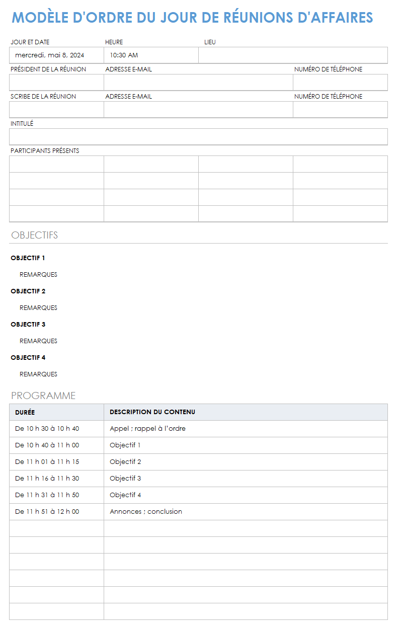 Ordre du jour des réunions d'affaires