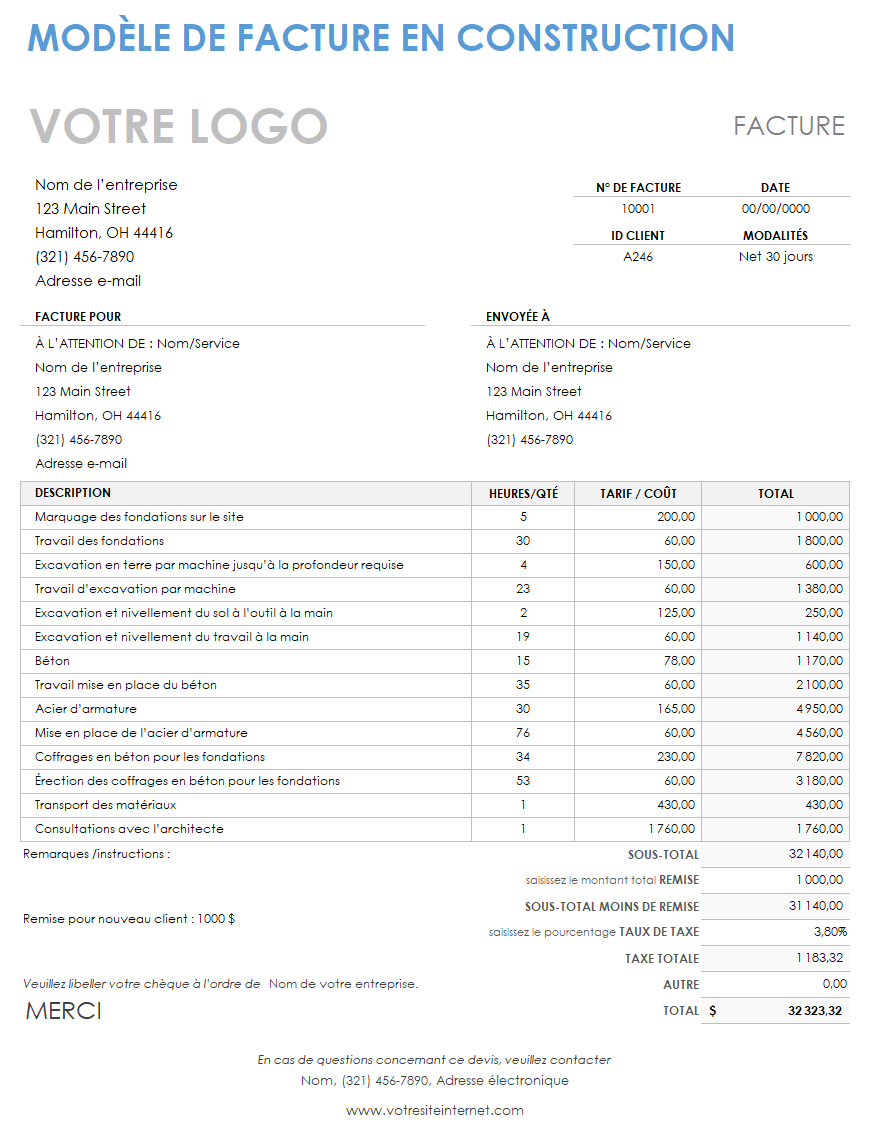 Exemple de facture de facturation de construction