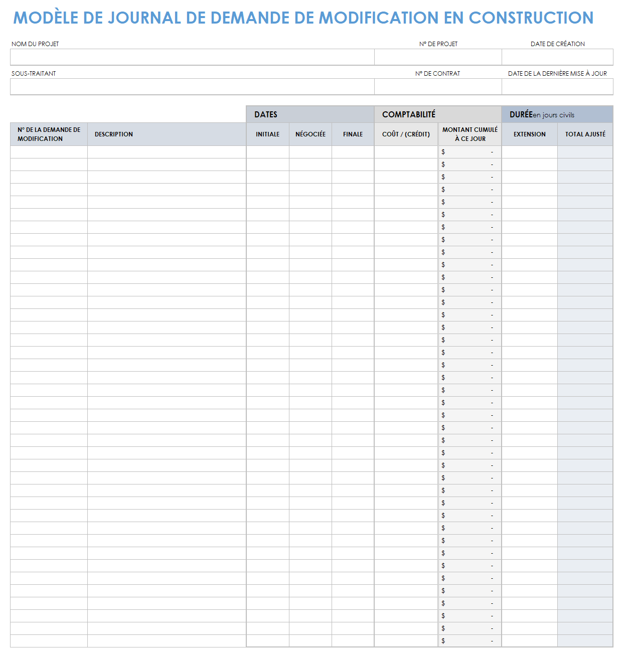 Journal des ordres de modification de construction