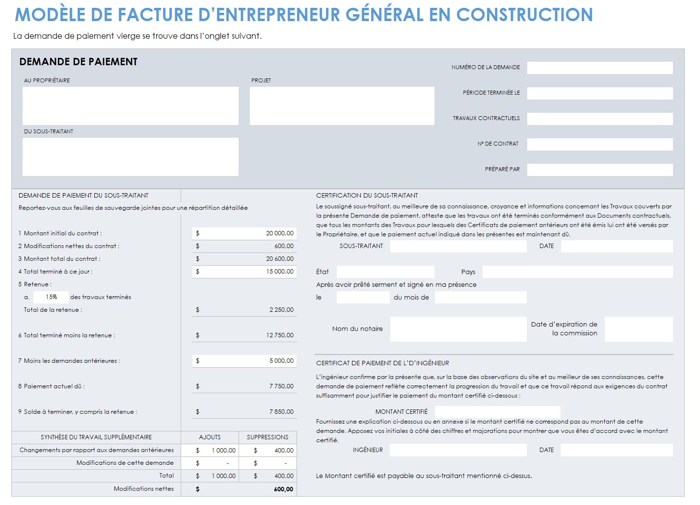 Facture de construction de l'entrepreneur général