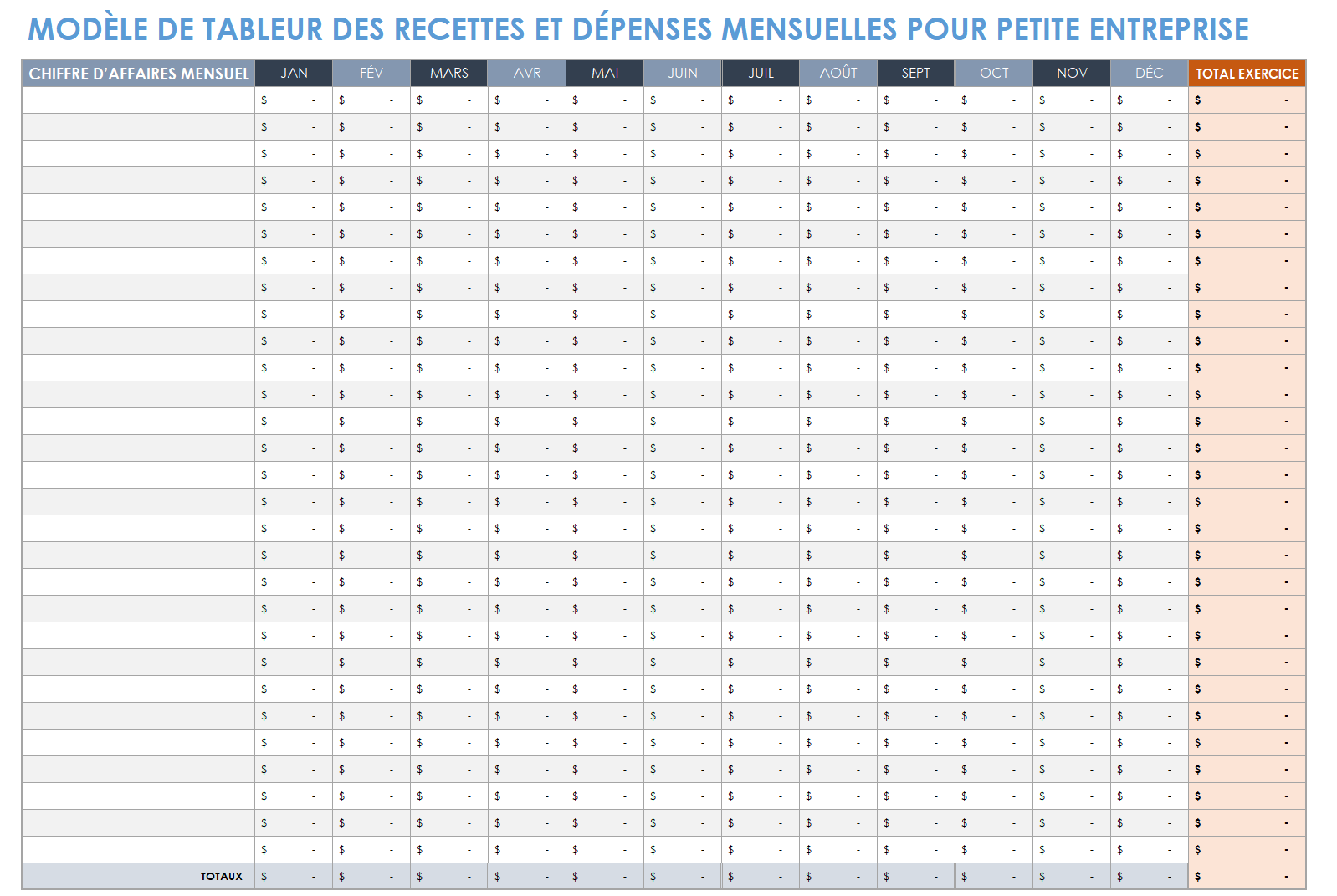 Feuille de calcul mensuelle sur les revenus et dépenses des petites entreprises