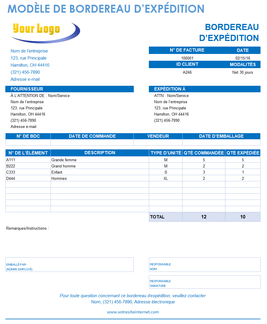 Modèle de facture de bordereau d'expédition