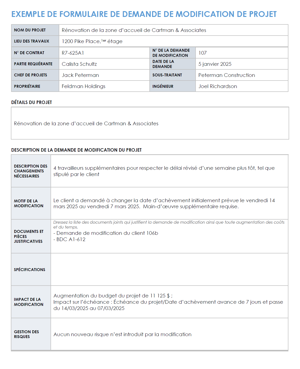 Exemple de modèle de formulaire de demande de modification de projet