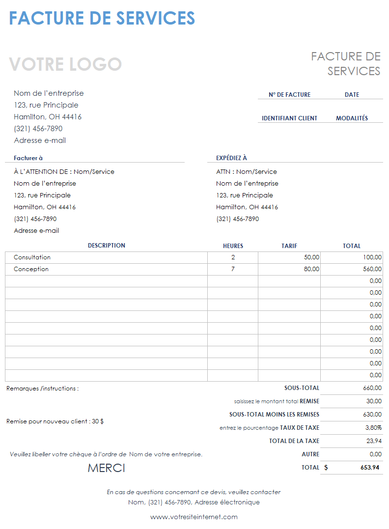 Modèle de facture de services