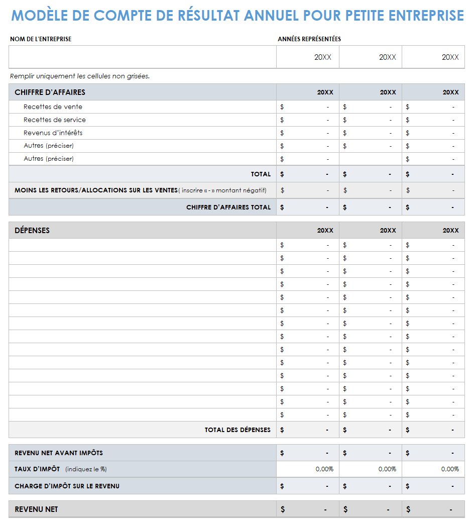 Compte de résultat annuel des petites entreprises