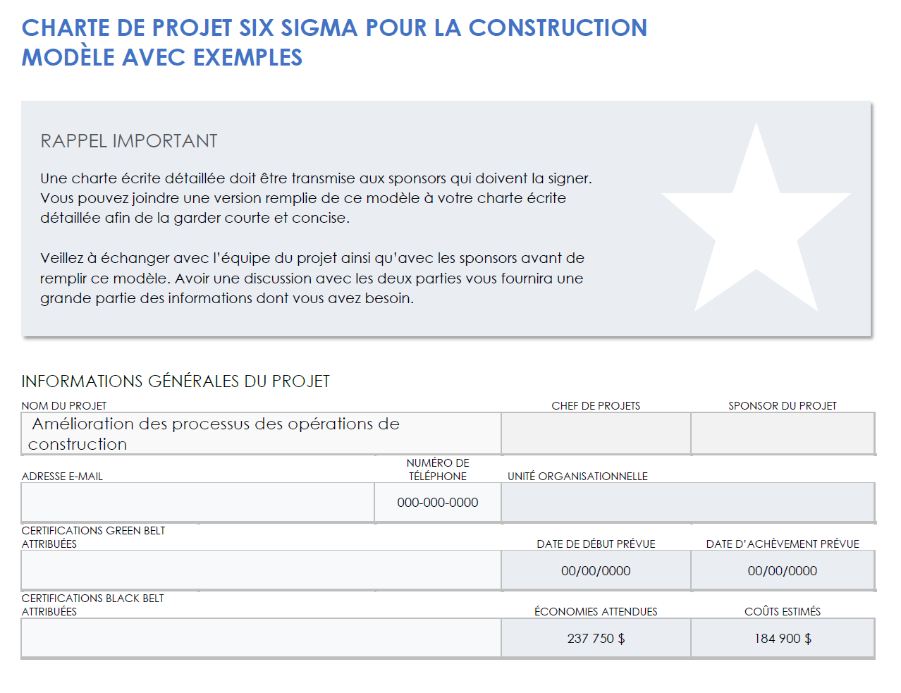 Exemple de charte de projet Construction Six Sigma
