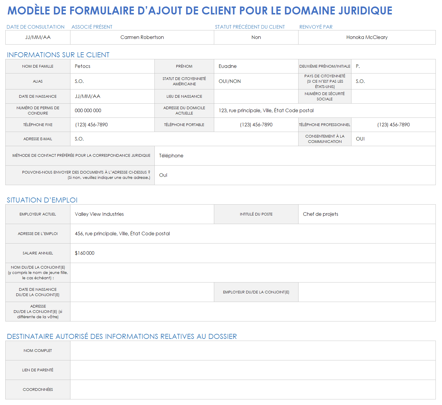 Formulaire d'admission des clients juridiques