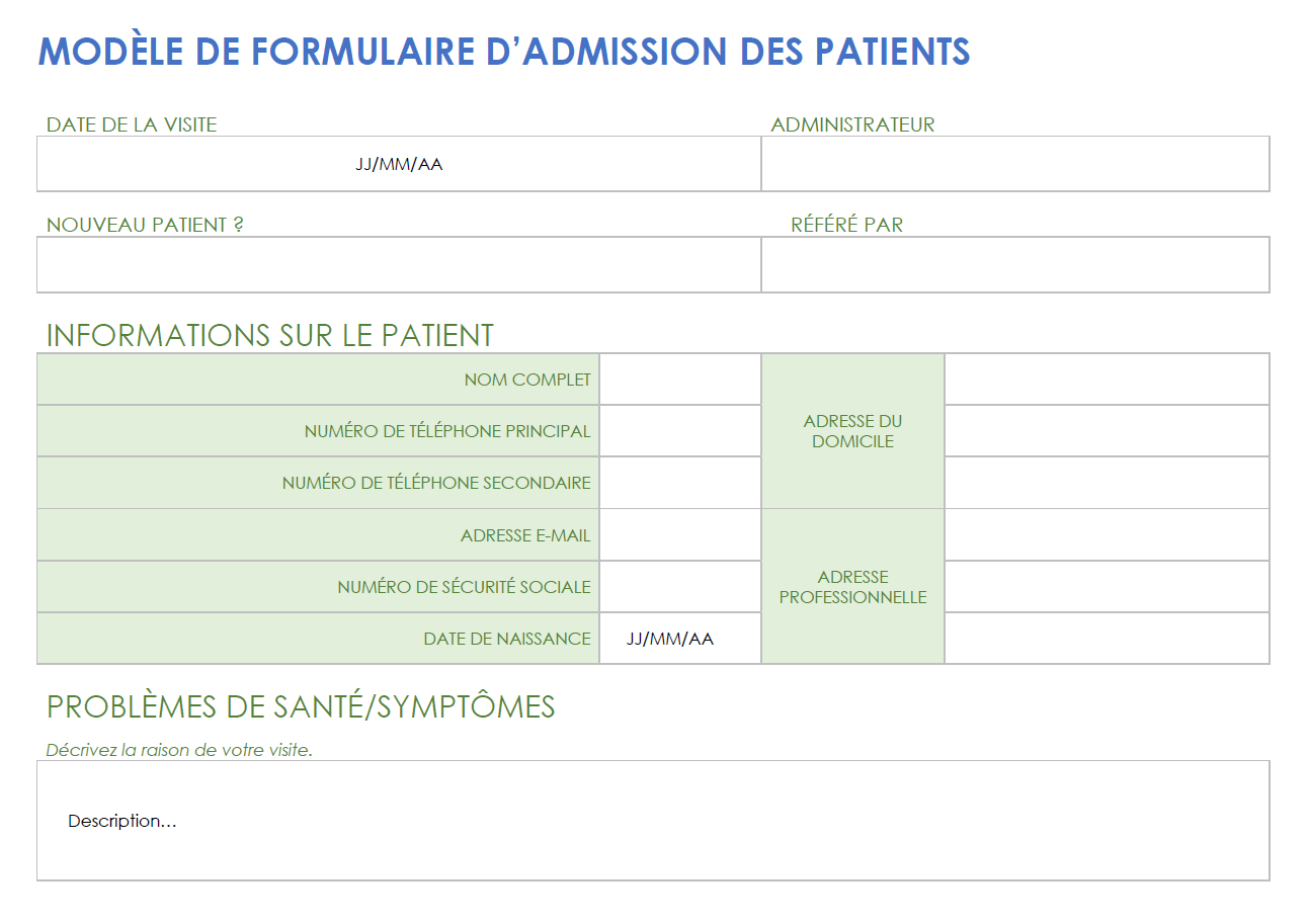 Modèle de formulaire d'admission des patients