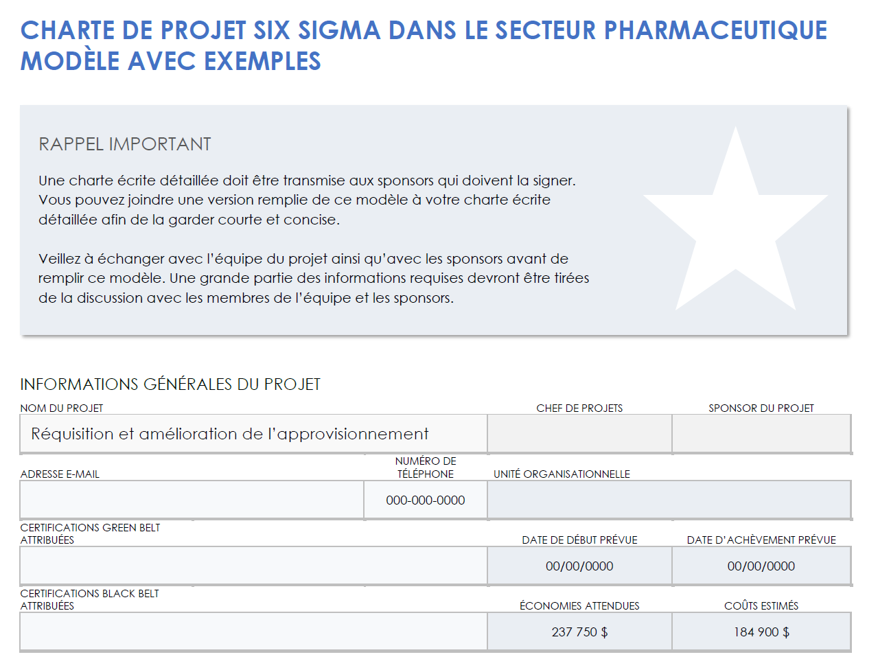 Exemple de charte de projet Pharma Six Sigma