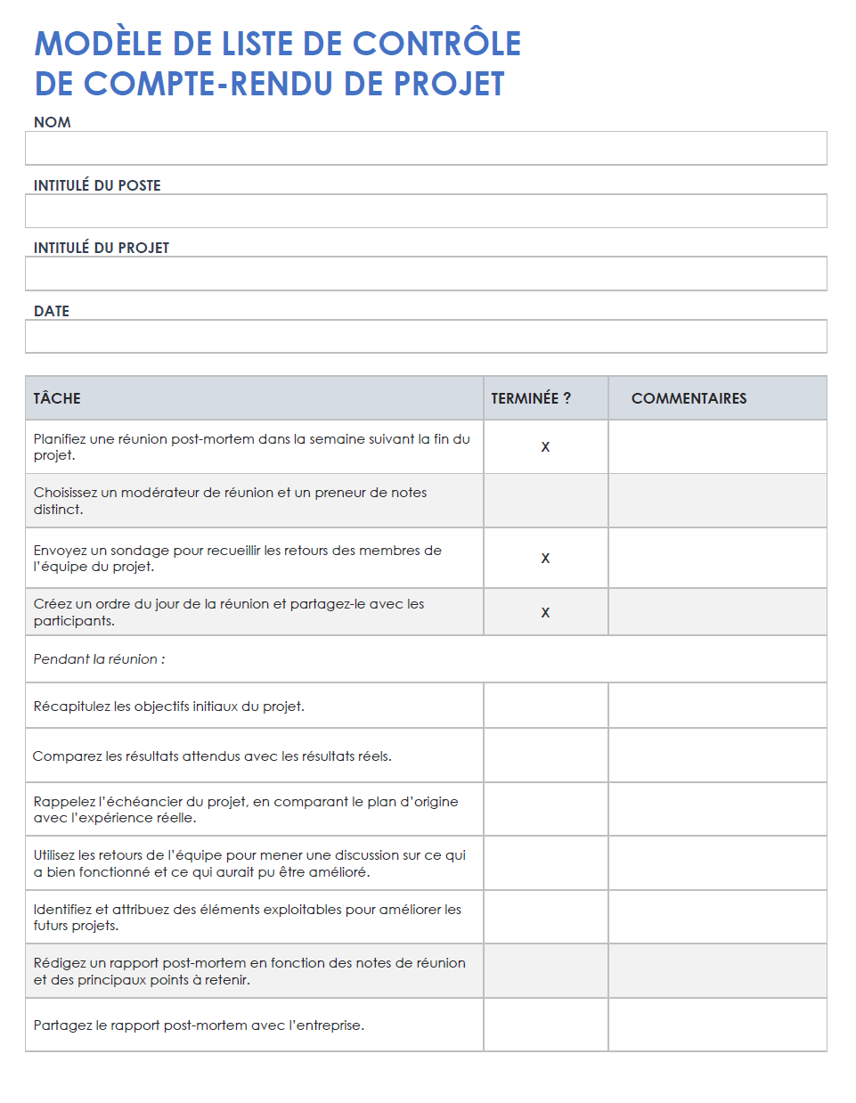 Liste de contrôle pour le débriefing du projet