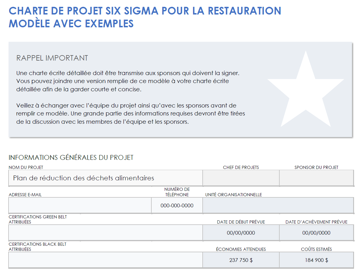 Exemple de charte de projet six sigma pour un restaurant