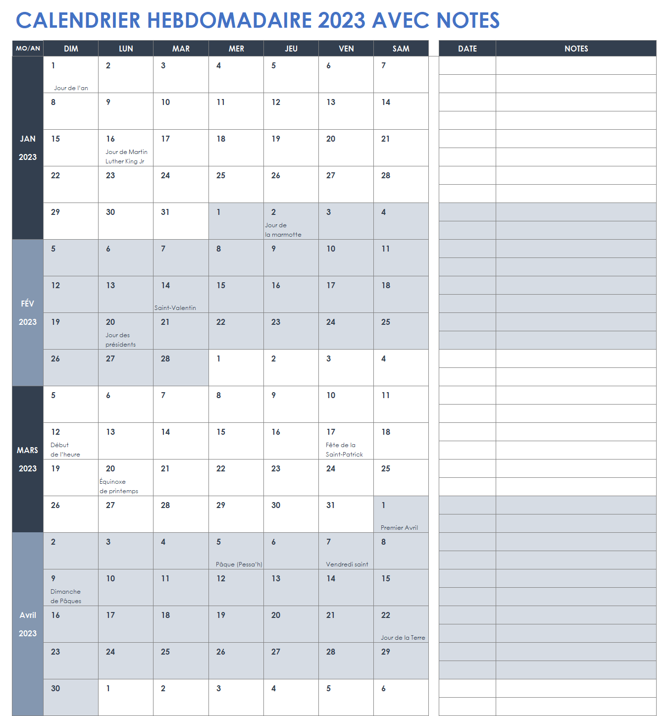  Modèle de calendrier hebdomadaire avec notes 2023