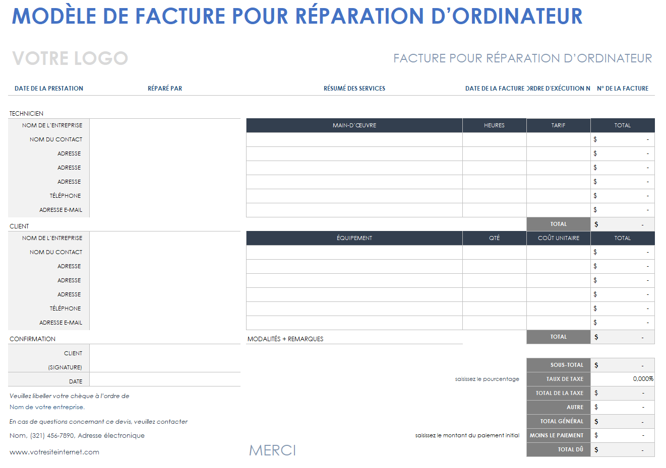 Facture de réparation d'ordinateur