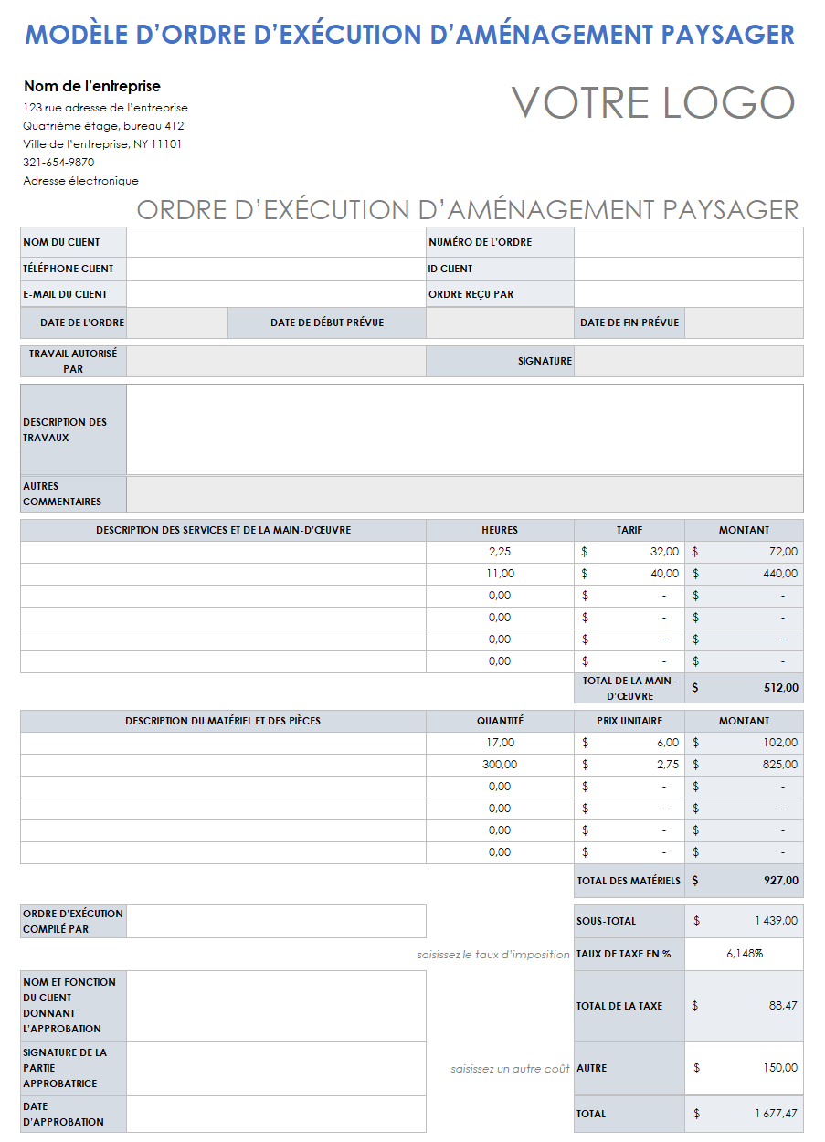 Bon de travail d'aménagement paysager