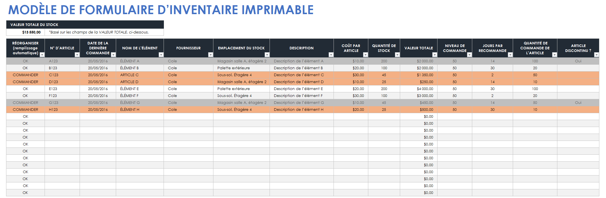 Formulaire d'inventaire imprimable