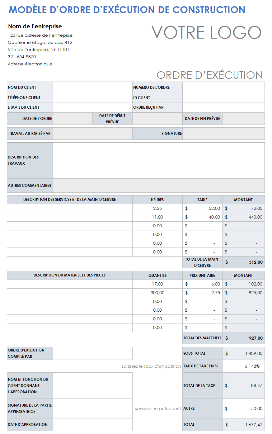 Exemple de bon de travail de construction