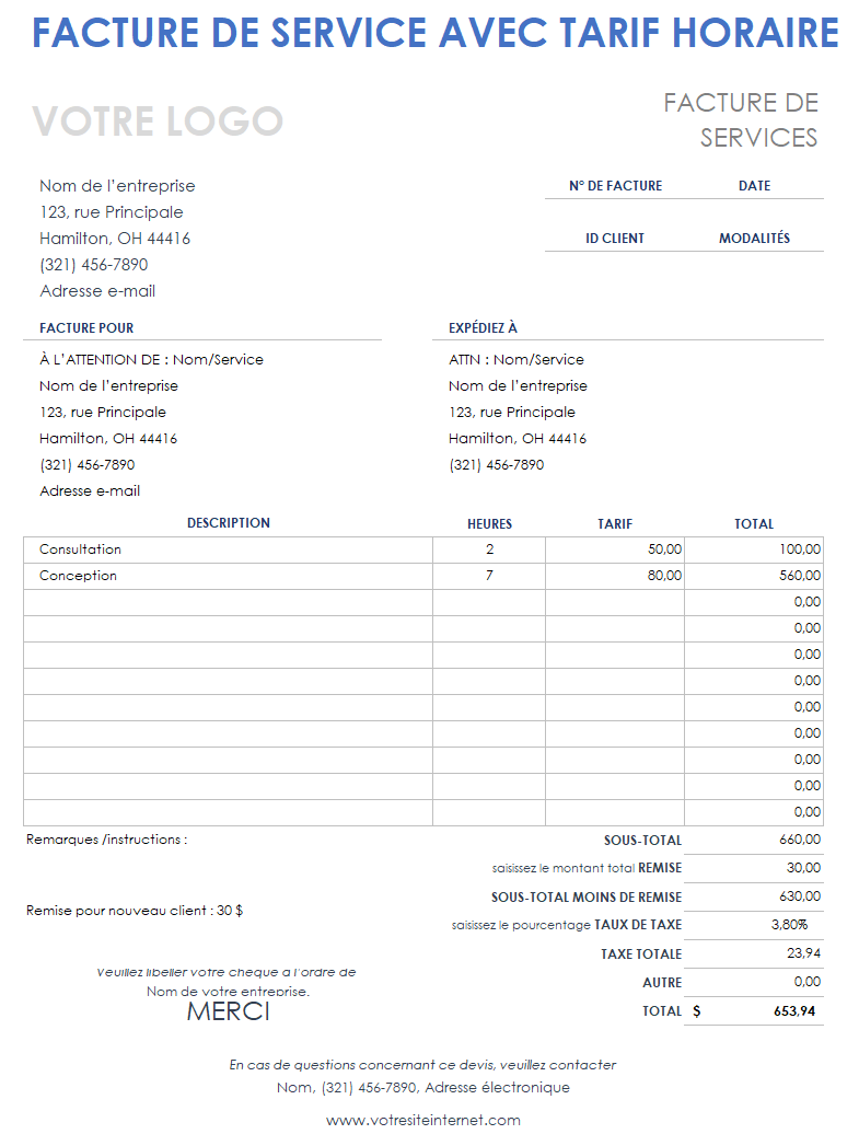 Facture de service avec taux horaire