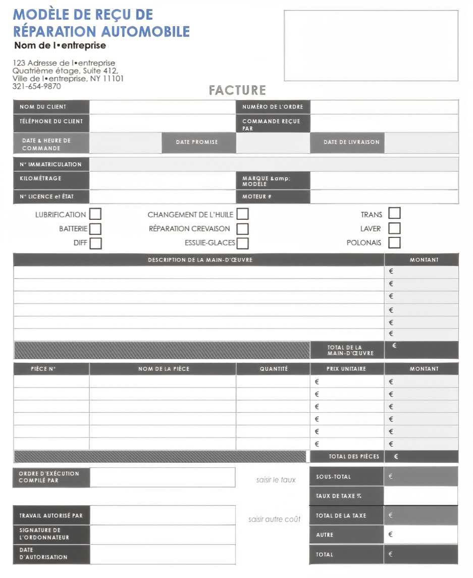  Modèle de reçu de réparation automatique