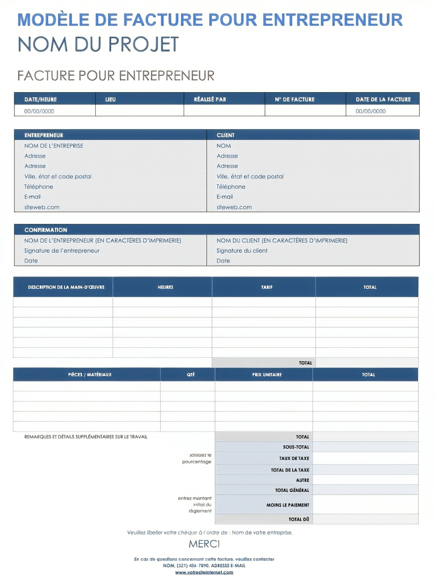  Modèle de facture d'entrepreneur