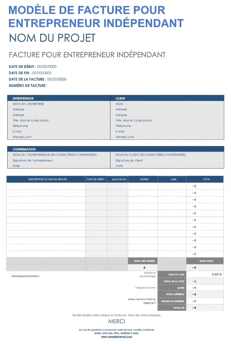  Modèle de facture pour entrepreneur indépendant