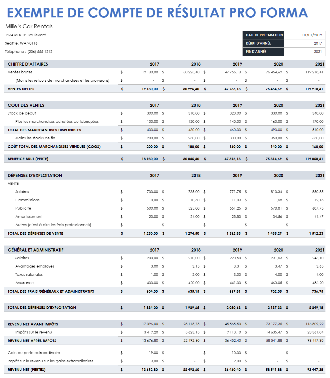  Exemple de modèle de déclaration de revenus pro forma