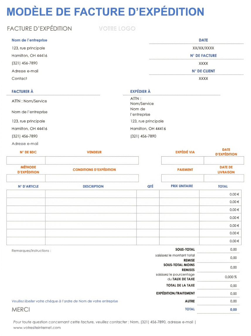  Modèle de facture d'expédition