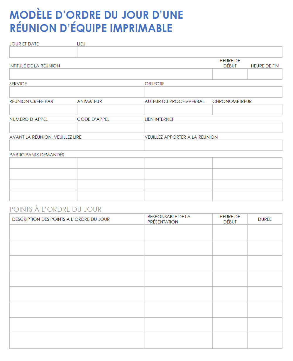  Modèle d'agenda de réunion d'équipe imprimable