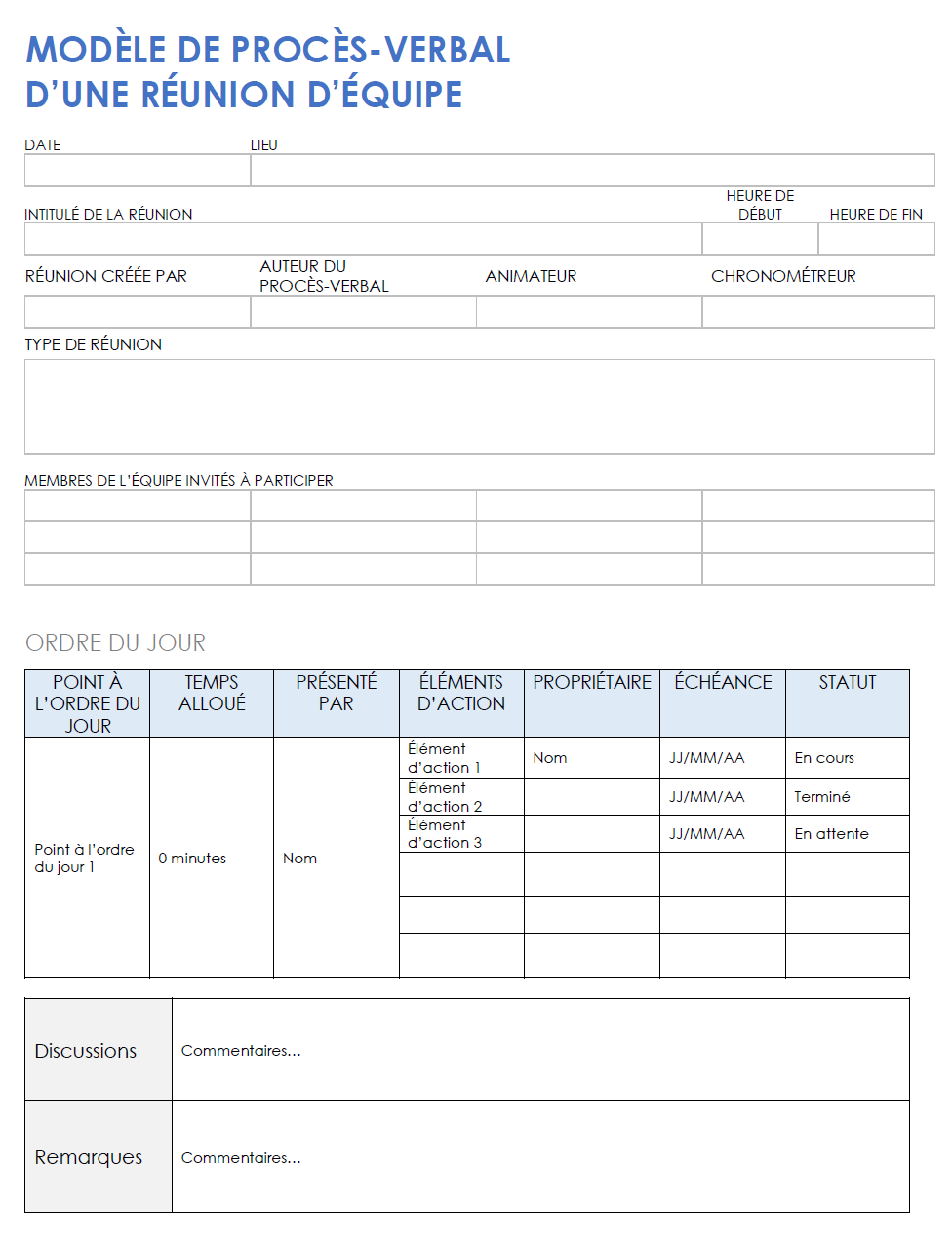  Modèle de procès-verbal de réunion d'équipe