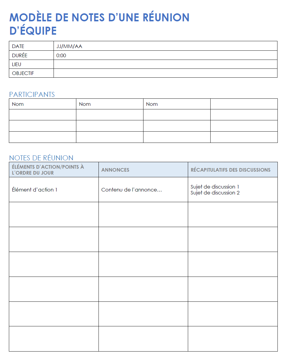  Modèle de notes de réunion d'équipe