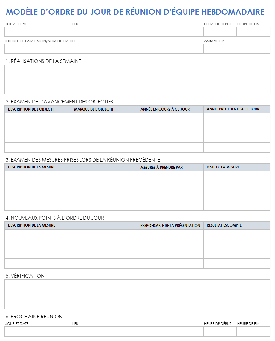  Modèle d'agenda de réunion d'équipe hebdomadaire