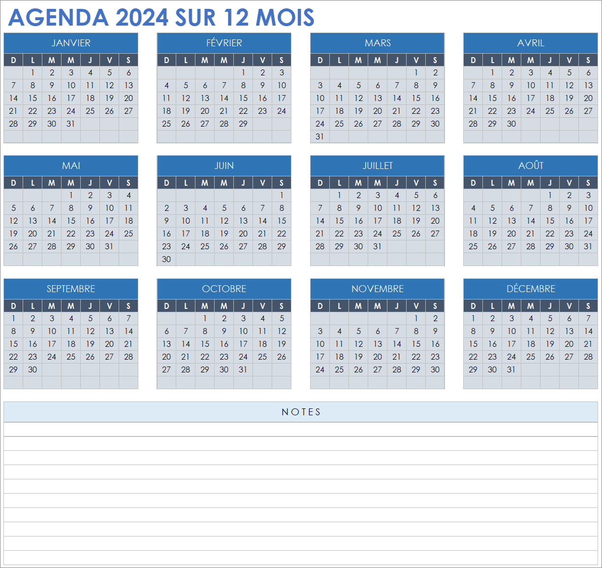  Modèle de calendrier de 12 mois 2024