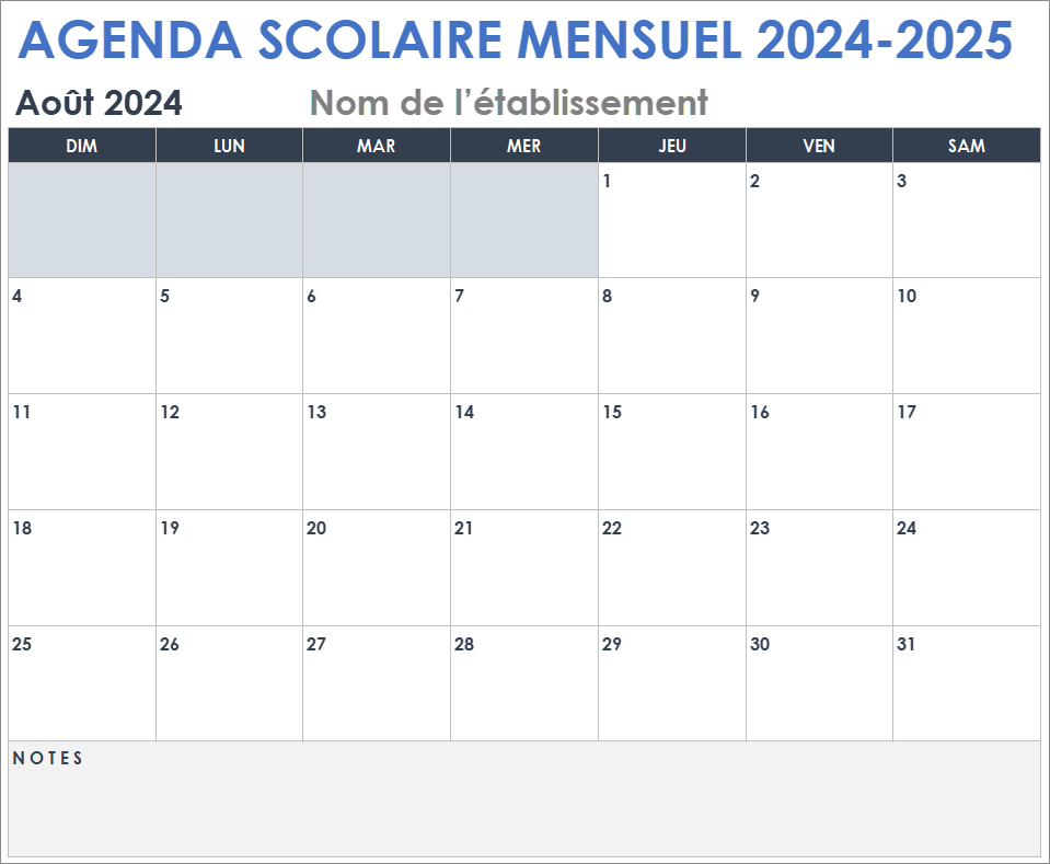  Modèle de calendrier scolaire mensuel 2024-2025