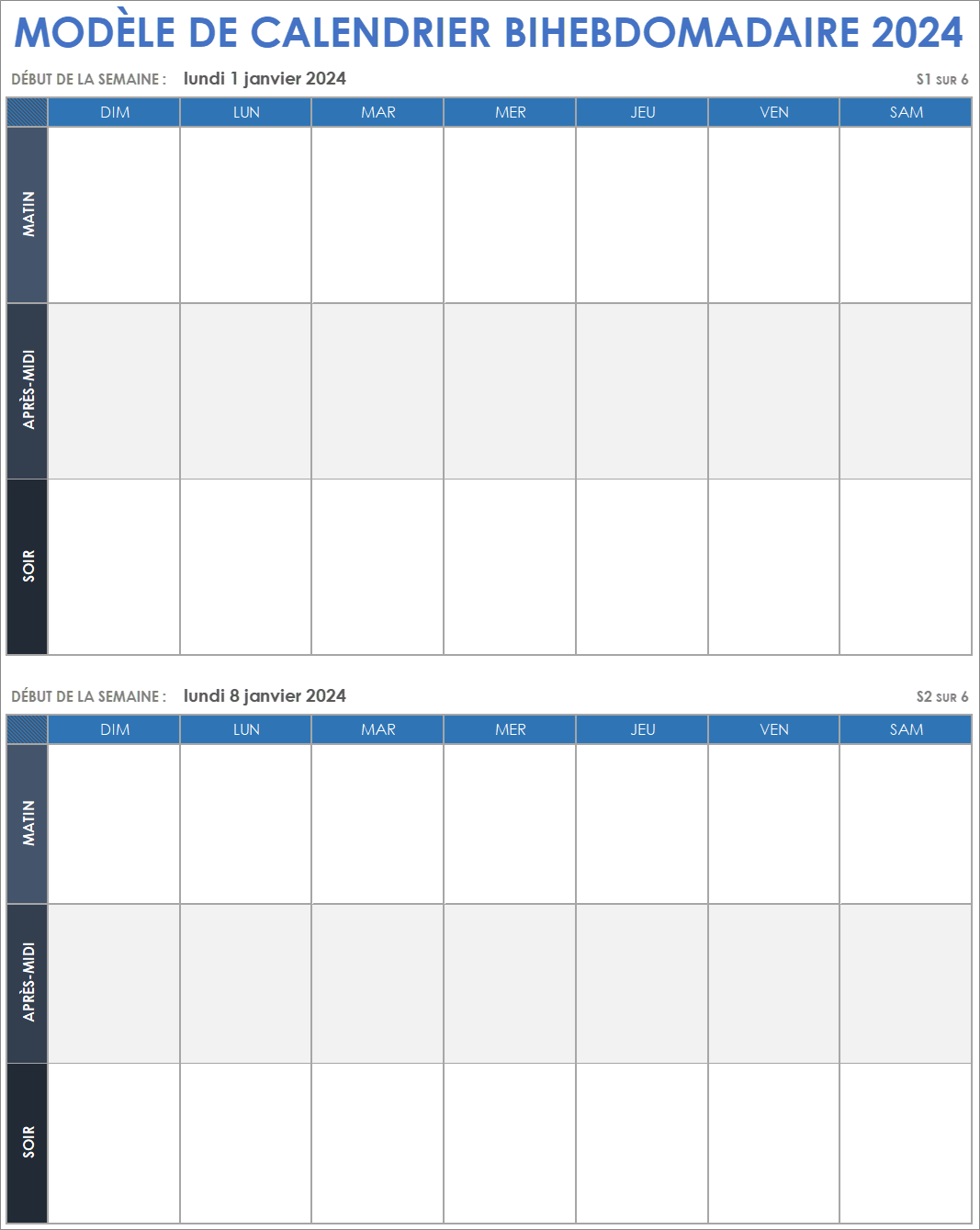  Modèle de calendrier de travail bihebdomadaire 2024