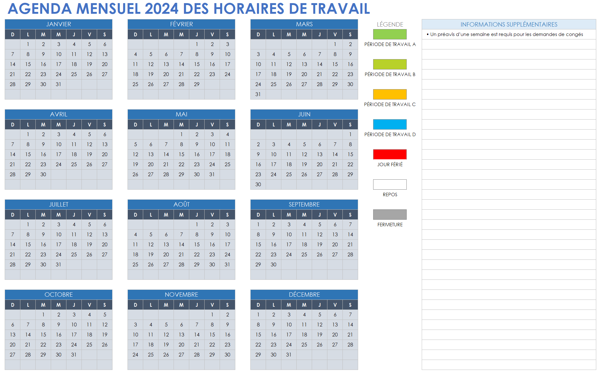  Modèle de calendrier de travail mensuel 2024