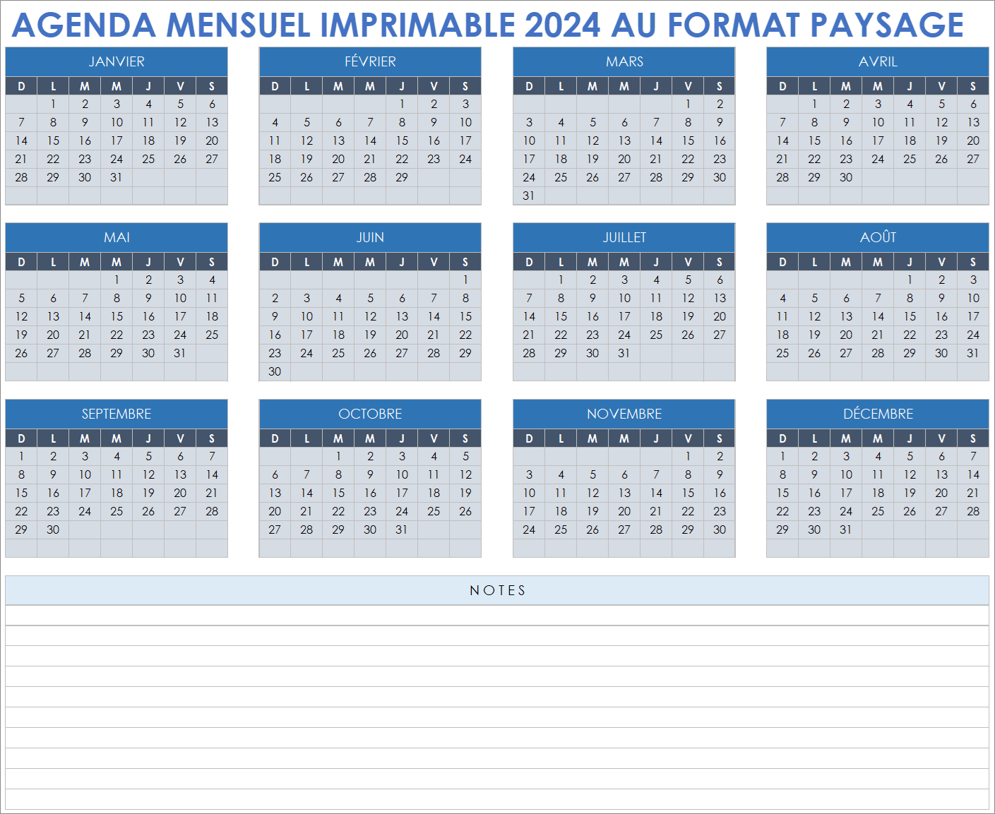  Modèle de paysage de calendrier mensuel imprimable 2024