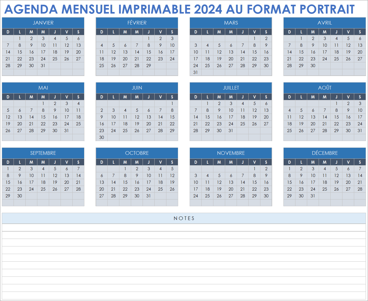  Modèle de portrait de calendrier mensuel imprimable 2024