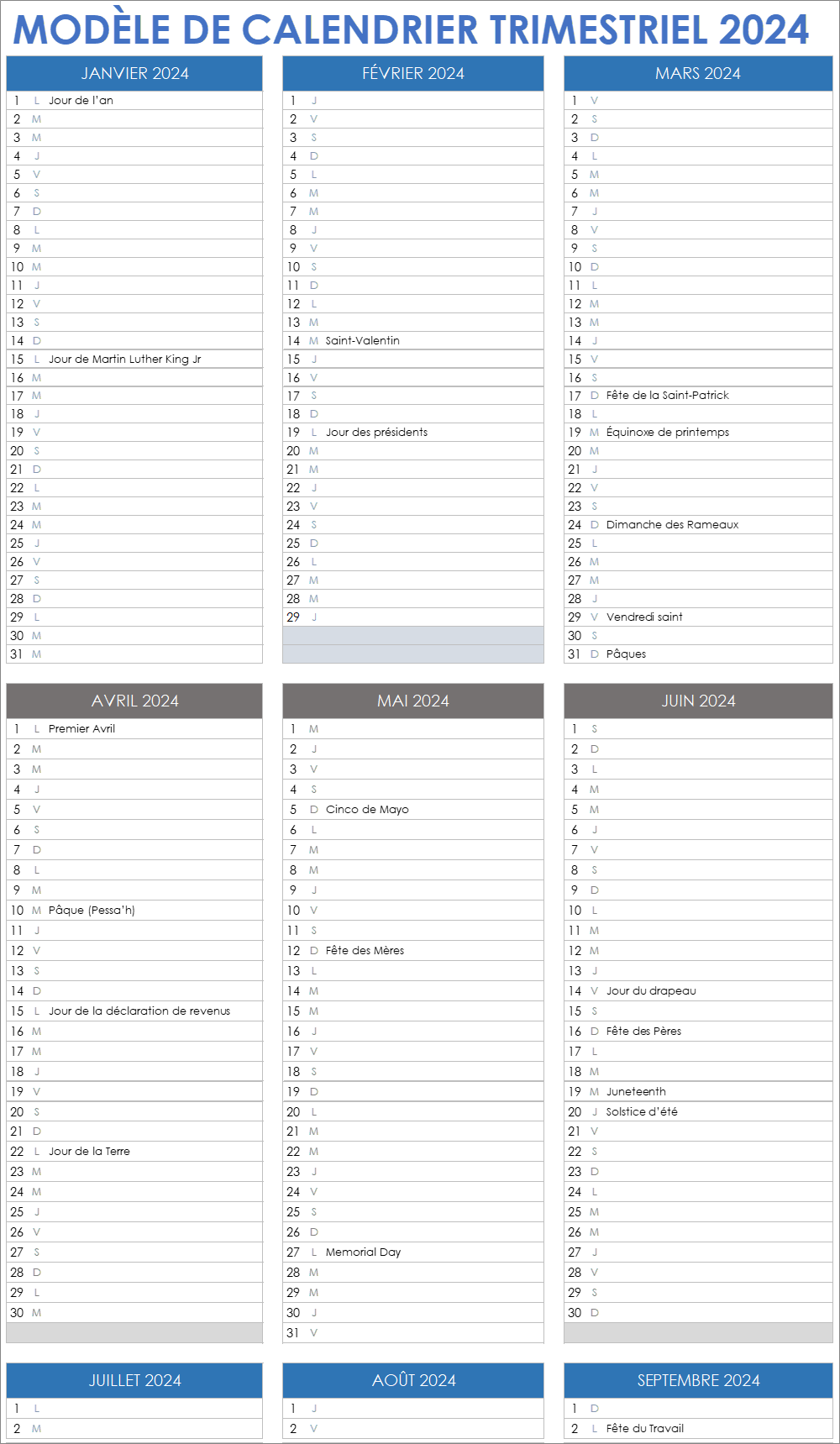  Modèle de calendrier trimestriel 2024