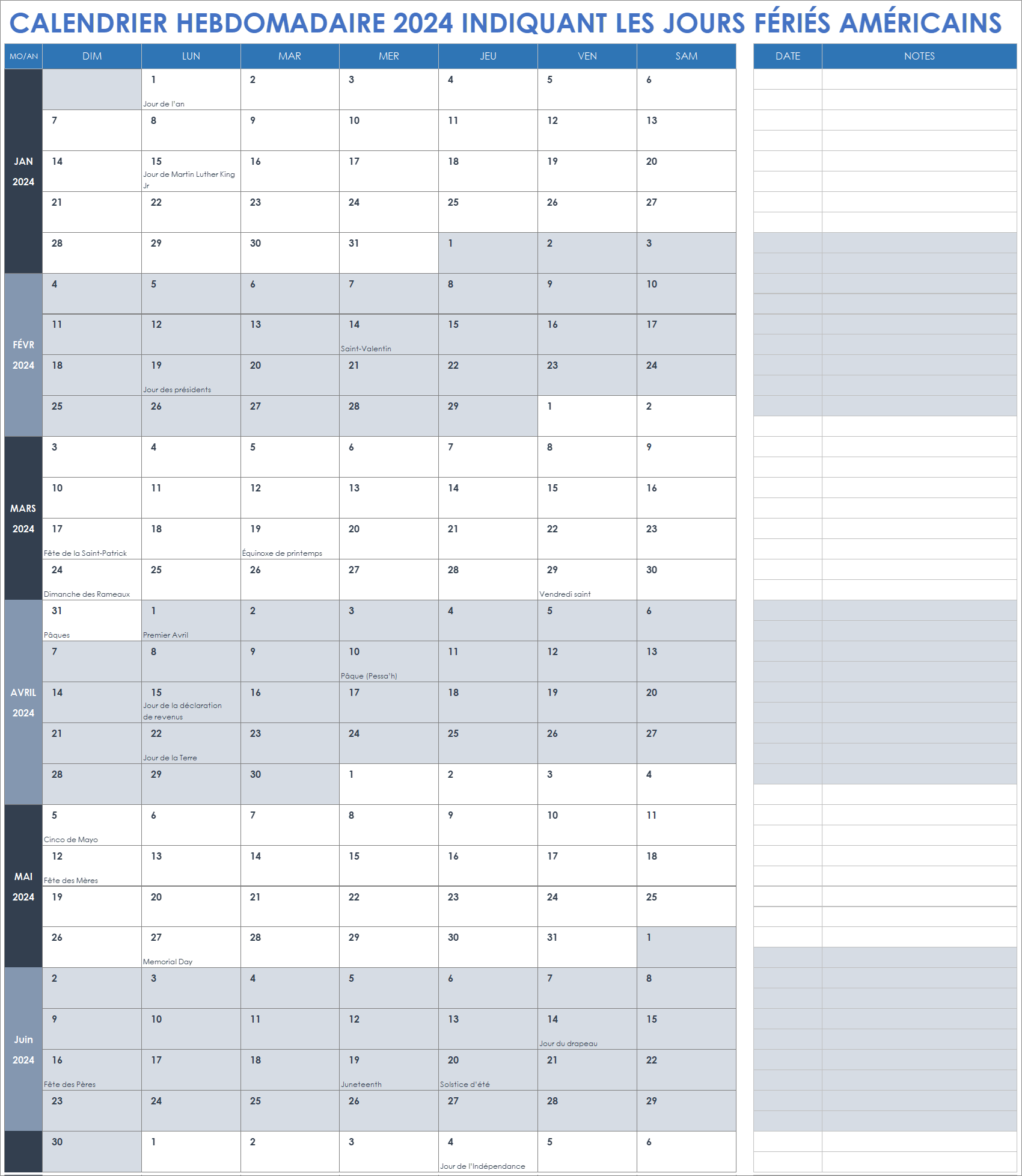  Calendrier hebdomadaire 2024 avec modèle de jours fériés aux États Unis