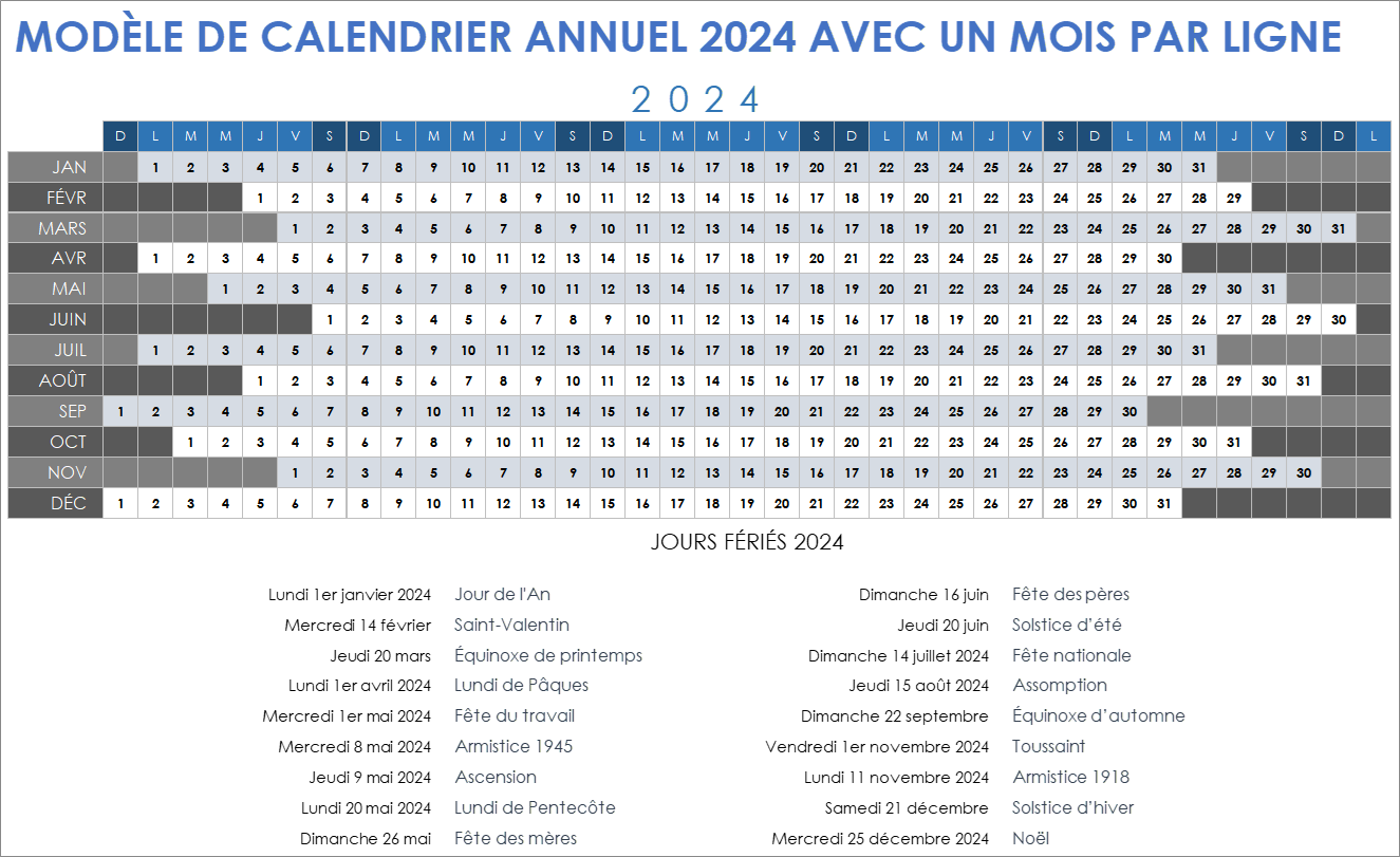  Modèle de calendrier annuel 2024 avec mois en lignes