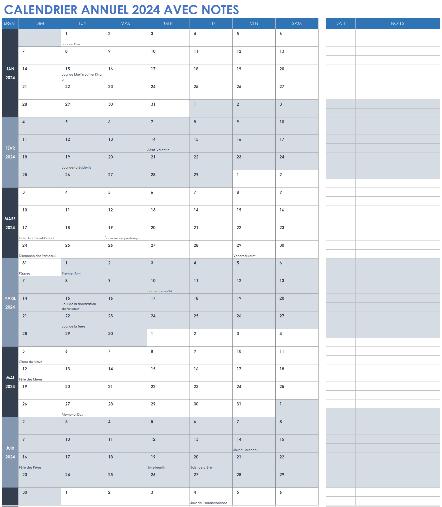  Modèle de calendrier annuel 2024 avec notes