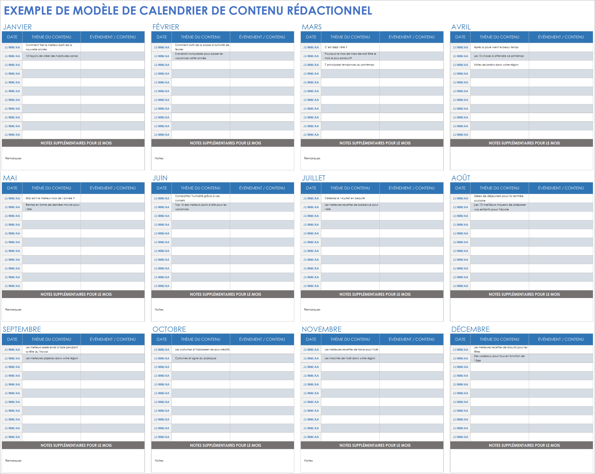  Modèle d'exemple de calendrier de contenu éditorial