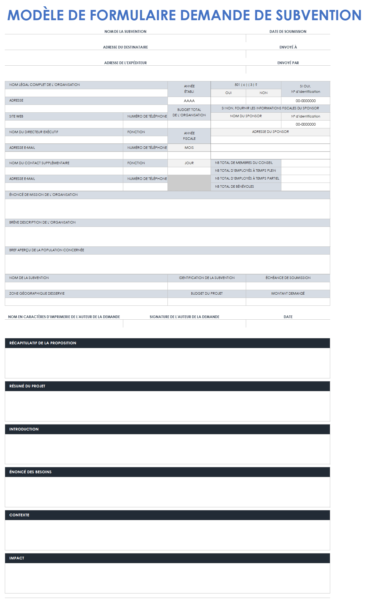 Modèle de demande de subvention