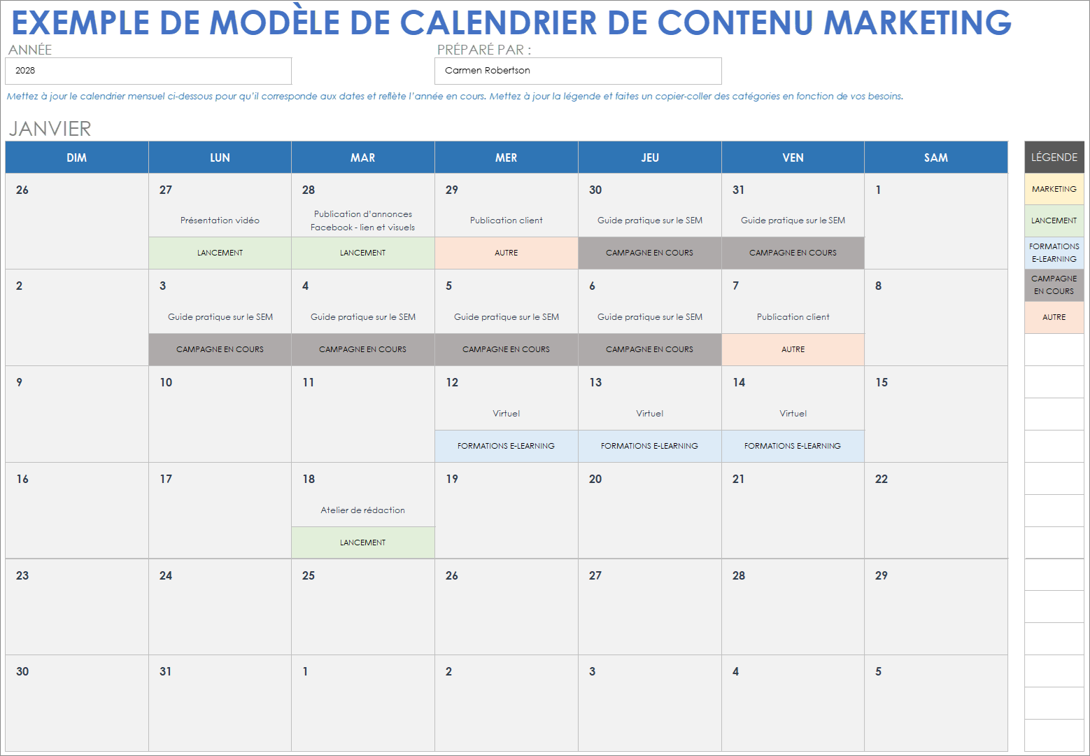  Modèle d'exemple de calendrier de contenu marketing