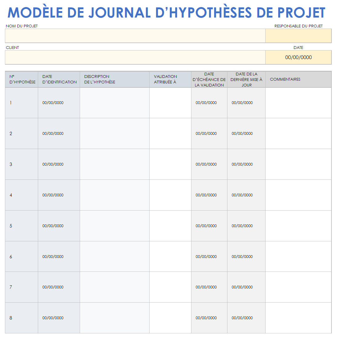 Modèle de journal des hypothèses du projet