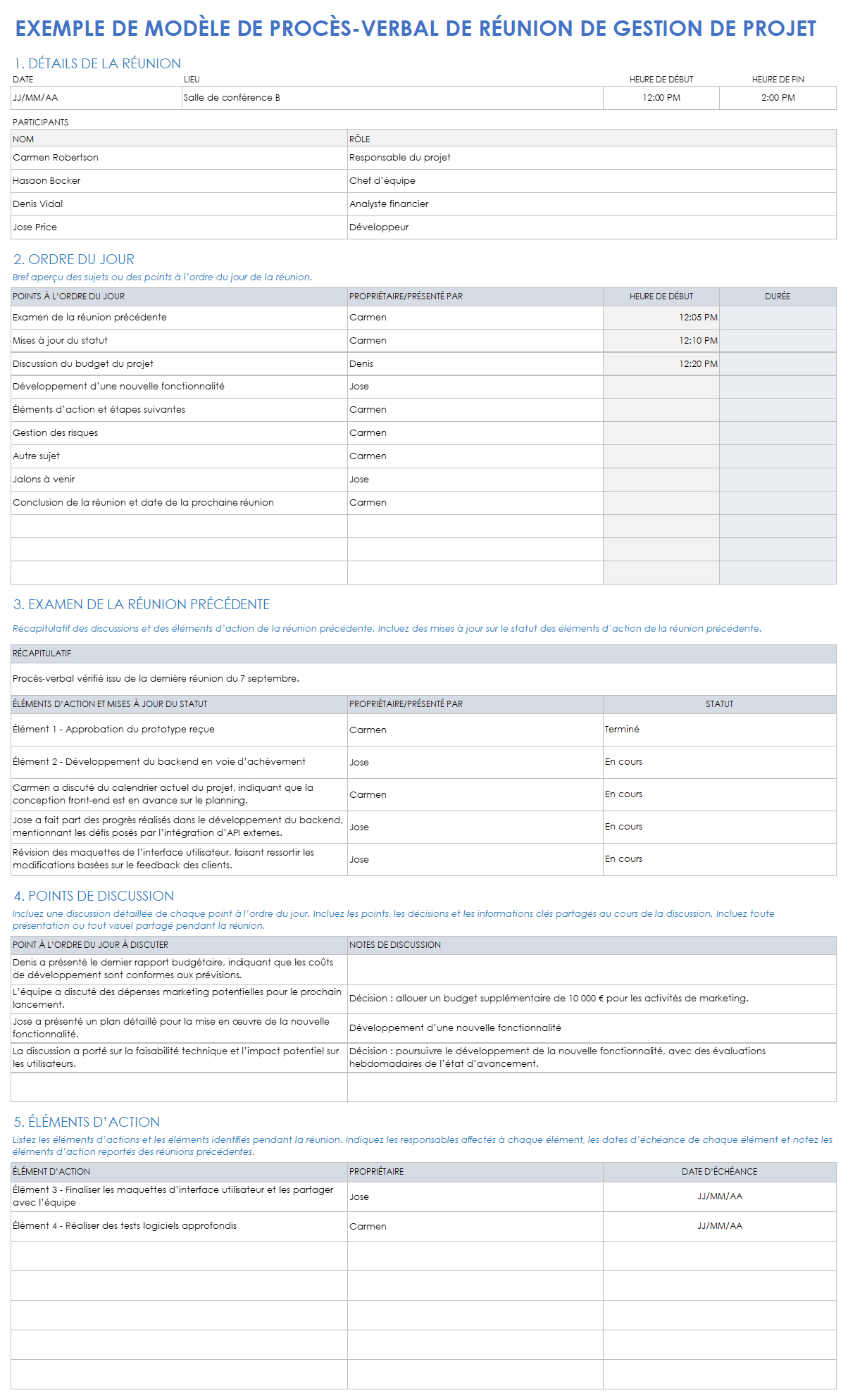 Modèle de compte rendu de réunion de gestion de projet