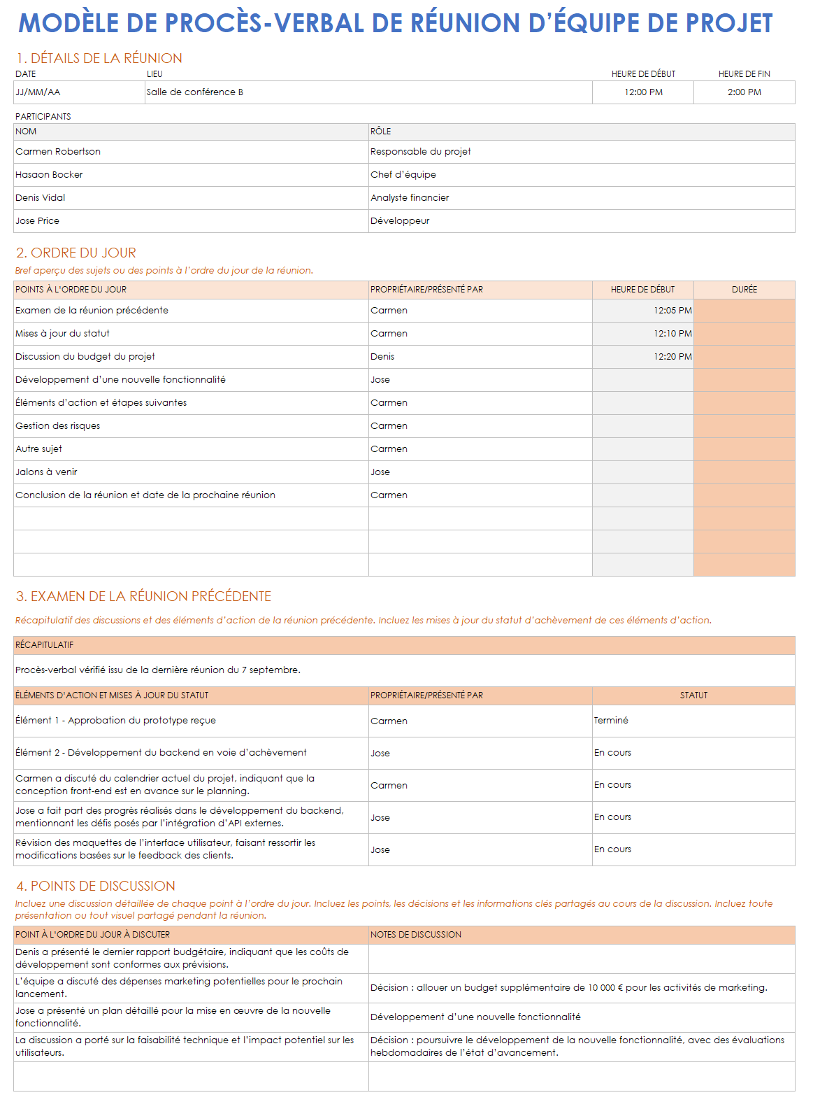 Modèle de compte rendu de réunion d'équipe de projet